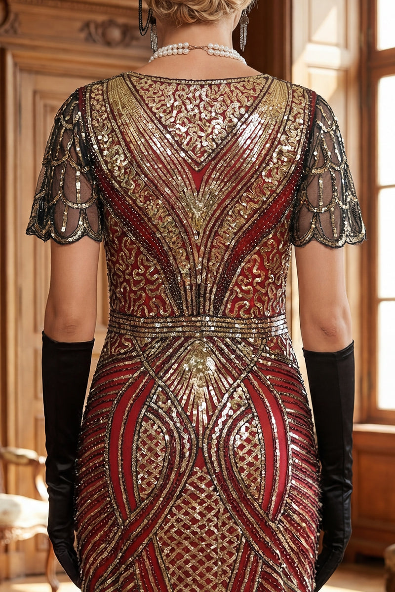 Load image into Gallery viewer, Saprkly Red Golden Bodycon V-Neck Fringed Midi 1920s Dress with 20s Accessories Set