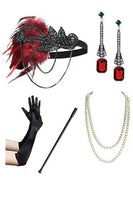 Load image into Gallery viewer, Black Red Sparkly Scoop Fringed Midi Sequins 1920s Dress with 20s Accessories Set