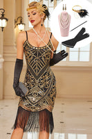 Load image into Gallery viewer, Black Golden Sequins Spaghetti Straps Fringed Midi 1920s Dress with 20s Accessories Set