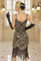 Load image into Gallery viewer, Black Golden Sequins Spaghetti Straps Fringed Midi 1920s Dress with 20s Accessories Set