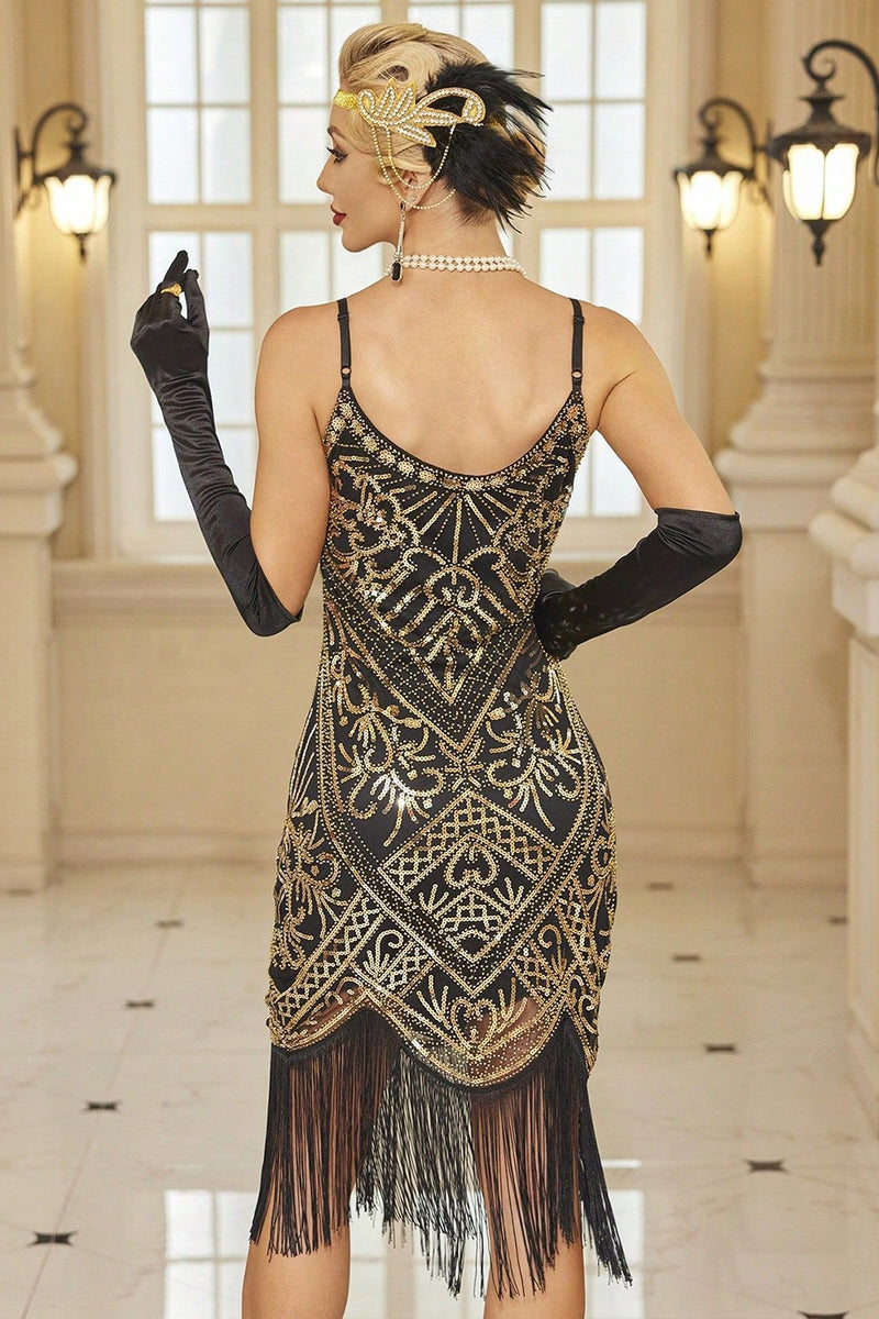 Load image into Gallery viewer, Black Golden Sequins Spaghetti Straps Fringed Midi 1920s Dress with 20s Accessories Set