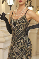Load image into Gallery viewer, Black Golden Sequins Spaghetti Straps Fringed Midi 1920s Dress with 20s Accessories Set