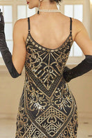 Load image into Gallery viewer, Black Golden Sequins Spaghetti Straps Fringed Midi 1920s Dress with 20s Accessories Set