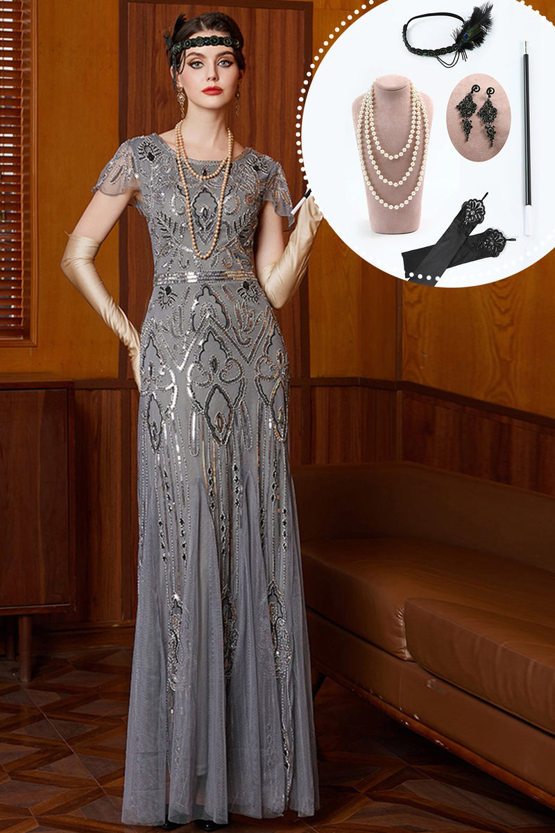 Load image into Gallery viewer, Grey Sheath Sparkly Sequins Long 1920s Flapper Dress with 20s Accessories Set
