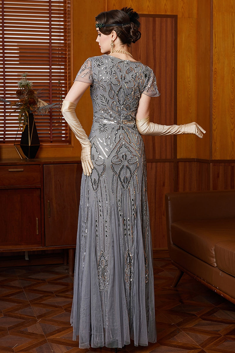 Load image into Gallery viewer, Grey Sheath Sparkly Sequins Long 1920s Flapper Dress with 20s Accessories Set