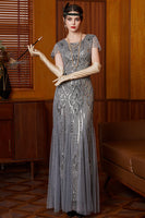 Load image into Gallery viewer, Grey Sheath Sparkly Sequins Long 1920s Flapper Dress with 20s Accessories Set