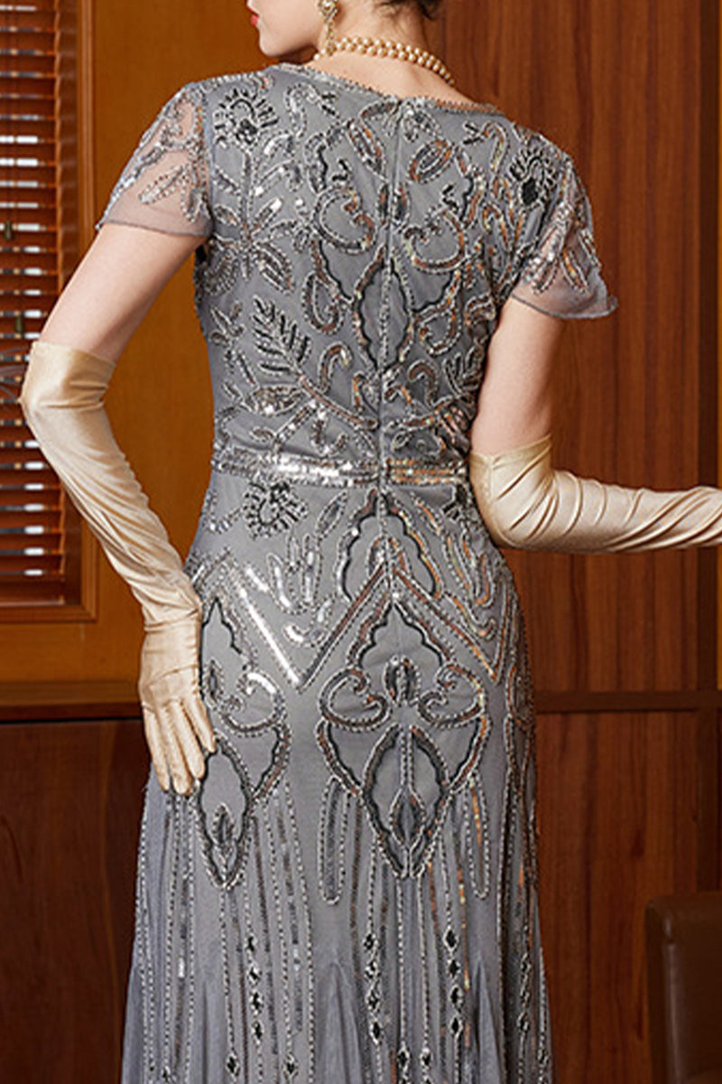 Load image into Gallery viewer, Grey Sheath Sparkly Sequins Long 1920s Flapper Dress with 20s Accessories Set