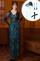 Load image into Gallery viewer, Black Blue Sheath V-Neck Sparkly Sequins Long 1920s Dress with 20s Accessories Set