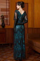 Load image into Gallery viewer, Black Blue Sheath V-Neck Sparkly Sequins Long 1920s Dress with 20s Accessories Set