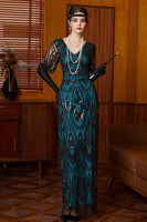Load image into Gallery viewer, Black Blue Sheath V-Neck Sparkly Sequins Long 1920s Dress with 20s Accessories Set