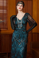 Load image into Gallery viewer, Black Blue Sheath V-Neck Sparkly Sequins Long 1920s Dress with 20s Accessories Set
