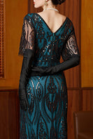 Load image into Gallery viewer, Black Blue Sheath V-Neck Sparkly Sequins Long 1920s Dress with 20s Accessories Set