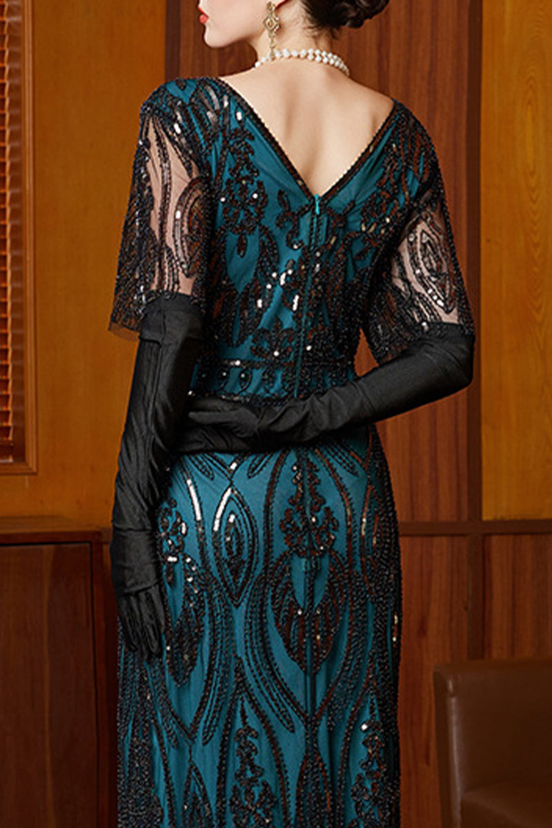 Load image into Gallery viewer, Black Blue Sheath V-Neck Sparkly Sequins Long 1920s Dress with 20s Accessories Set