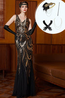 Load image into Gallery viewer, Sparkly Black Golden V-Neck Mermaid Sequins Long 1920s Dress with 20s Accessories Set