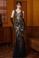 Load image into Gallery viewer, Sparkly Black Golden V-Neck Mermaid Sequins Long 1920s Dress with 20s Accessories Set