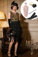 Load image into Gallery viewer, Sparkly Black Gold Bodycon Fringed Midi 1920s Flapper Dress with 20s Accessories Set