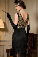 Load image into Gallery viewer, Sparkly Black Gold Bodycon Fringed Midi 1920s Flapper Dress with 20s Accessories Set