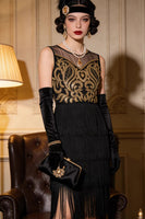 Load image into Gallery viewer, Sparkly Black Gold Bodycon Fringed Midi 1920s Flapper Dress with 20s Accessories Set