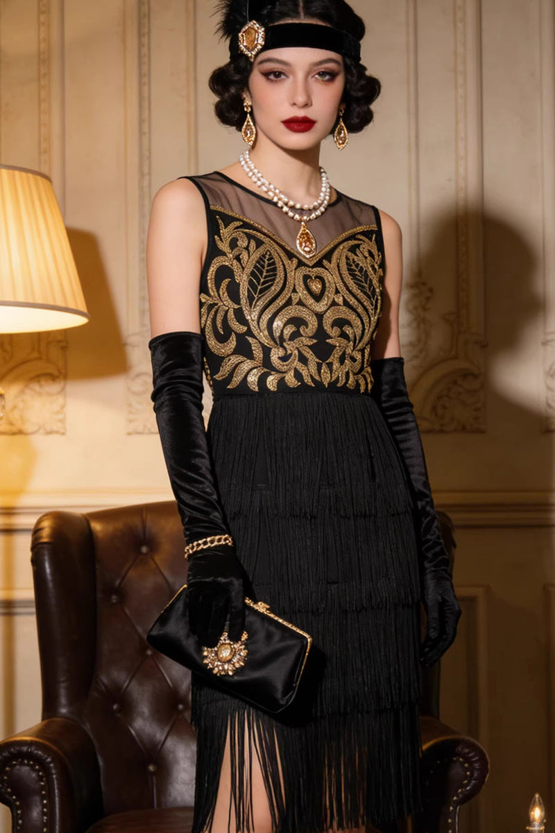 Load image into Gallery viewer, Sparkly Black Gold Bodycon Fringed Midi 1920s Flapper Dress with 20s Accessories Set