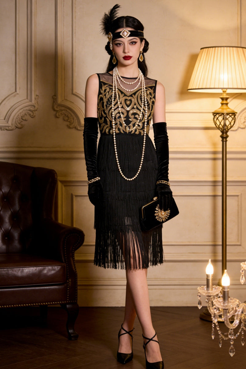 Load image into Gallery viewer, Sparkly Black Gold Bodycon Fringed Midi 1920s Flapper Dress with 20s Accessories Set