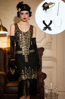 Load image into Gallery viewer, Black Golden Sparkly Scoop Neck Fringed Midi 1920s Dress with 20s Accessories Set