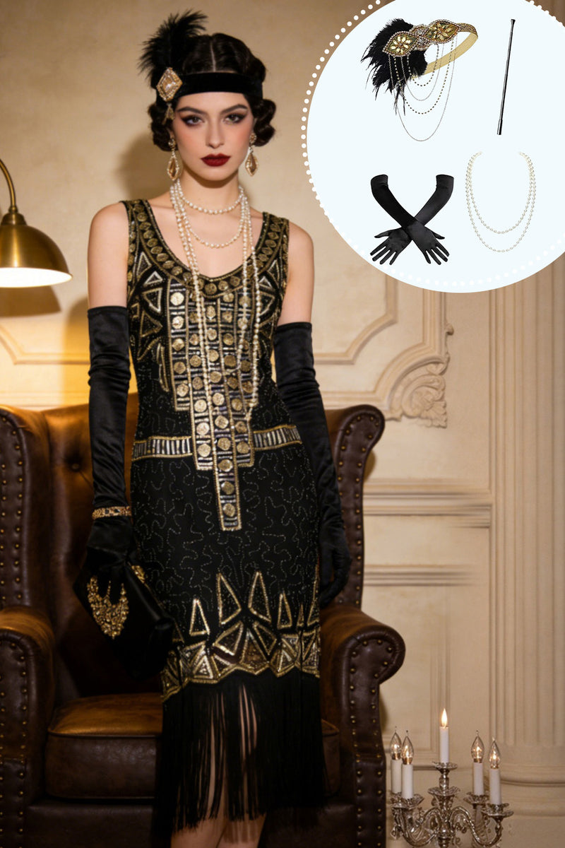 Load image into Gallery viewer, Black Golden Sparkly Scoop Neck Fringed Midi 1920s Dress with 20s Accessories Set