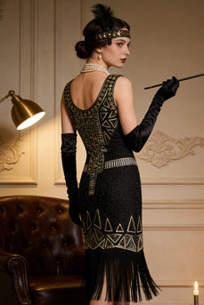 Black Golden Sparkly Scoop Neck Fringed Midi 1920s Dress with 20s Accessories Set