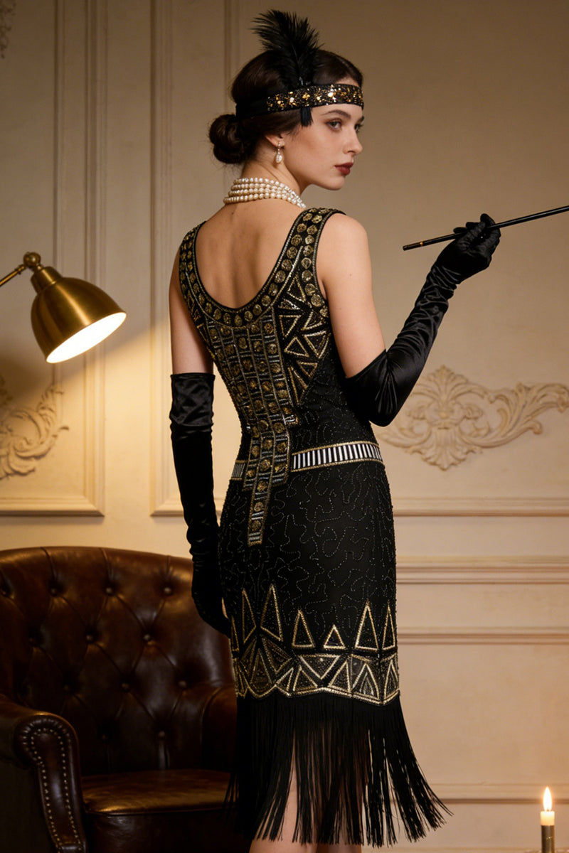 Load image into Gallery viewer, Black Golden Sparkly Scoop Neck Fringed Midi 1920s Dress with 20s Accessories Set