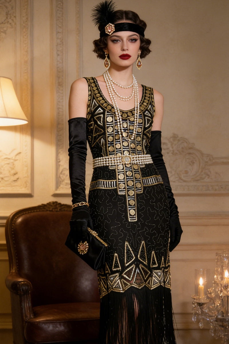 Load image into Gallery viewer, Black Golden Sparkly Scoop Neck Fringed Midi 1920s Dress with 20s Accessories Set