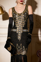 Load image into Gallery viewer, Black Golden Sparkly Scoop Neck Fringed Midi 1920s Dress with 20s Accessories Set