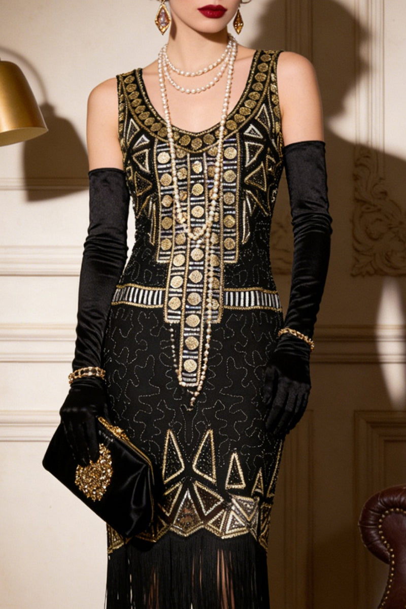 Load image into Gallery viewer, Black Golden Sparkly Scoop Neck Fringed Midi 1920s Dress with 20s Accessories Set