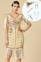 Load image into Gallery viewer, Sparkly Apricot Sequins V-Neck Fringed Midi 1920s Dress with 20s Accessories Set