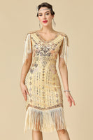 Load image into Gallery viewer, Sparkly Apricot Sequins V-Neck Fringed Midi 1920s Dress with 20s Accessories Set