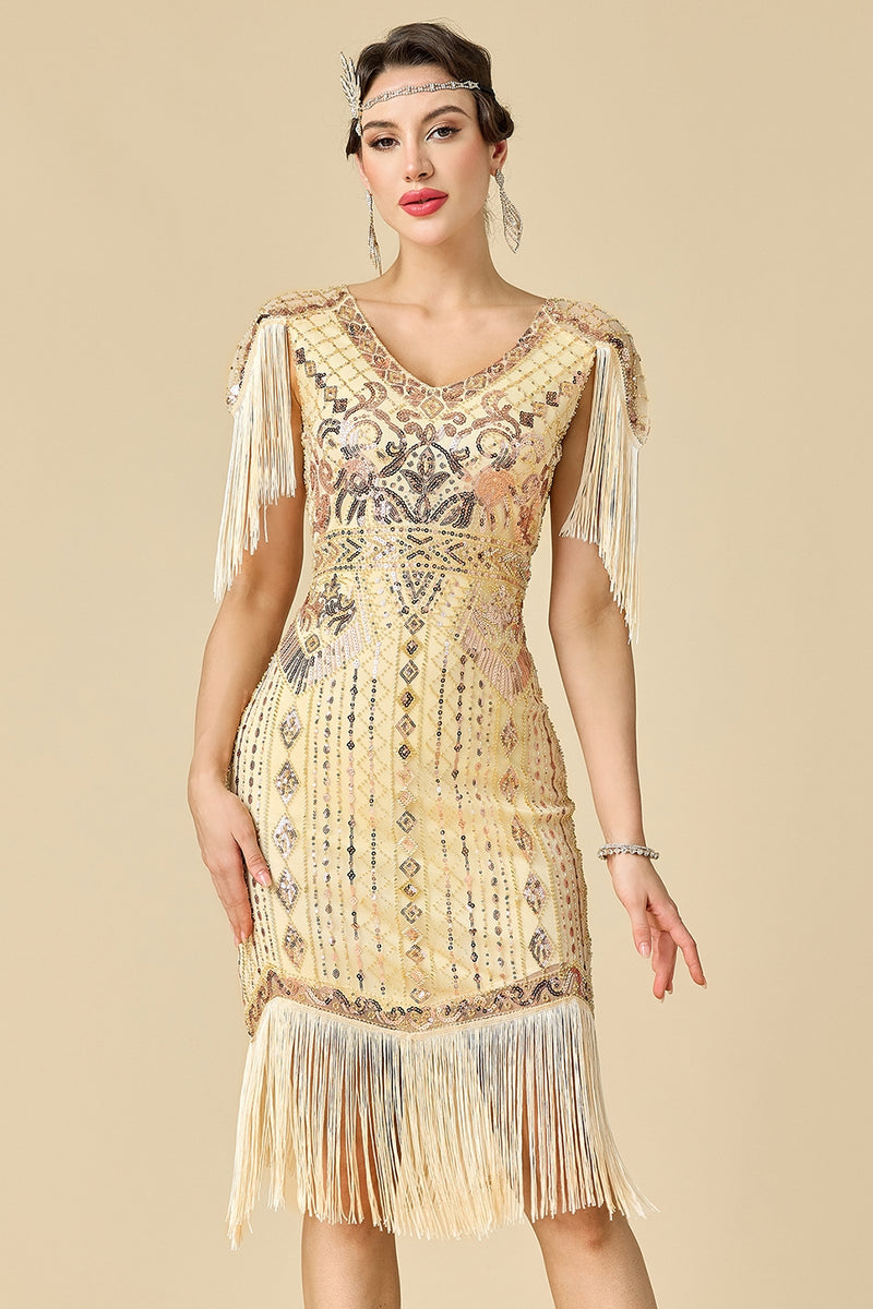Load image into Gallery viewer, Sparkly Apricot Sequins V-Neck Fringed Midi 1920s Dress with 20s Accessories Set