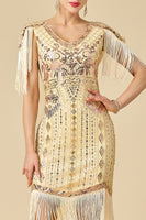 Load image into Gallery viewer, Sparkly Apricot Sequins V-Neck Fringed Midi 1920s Dress with 20s Accessories Set