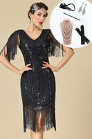 Load image into Gallery viewer, Black Bodycon Fringed Sparkly Beaded Midi 1920s Dress with 20s Accessories Set