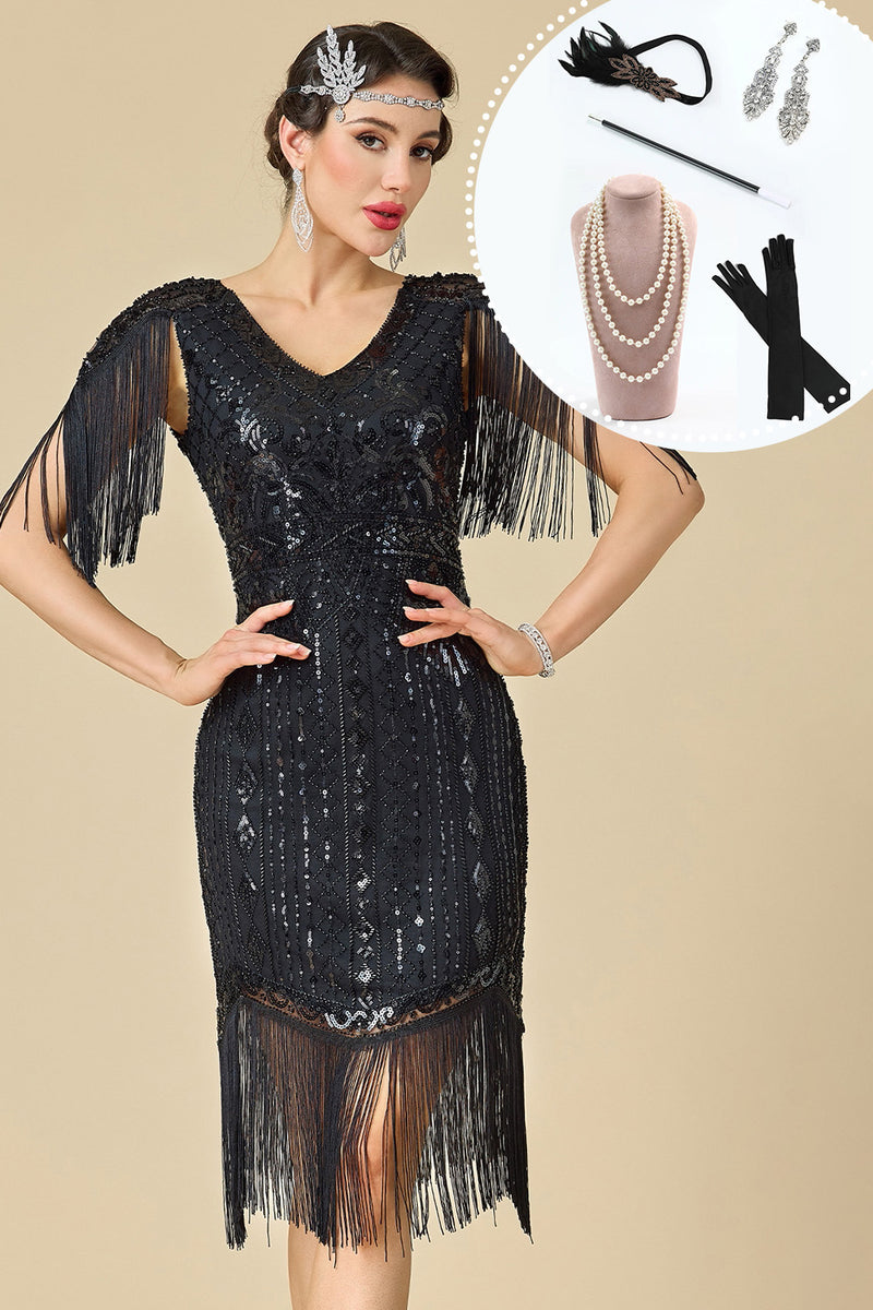 Load image into Gallery viewer, Black Bodycon Fringed Sparkly Beaded Midi 1920s Dress with 20s Accessories Set