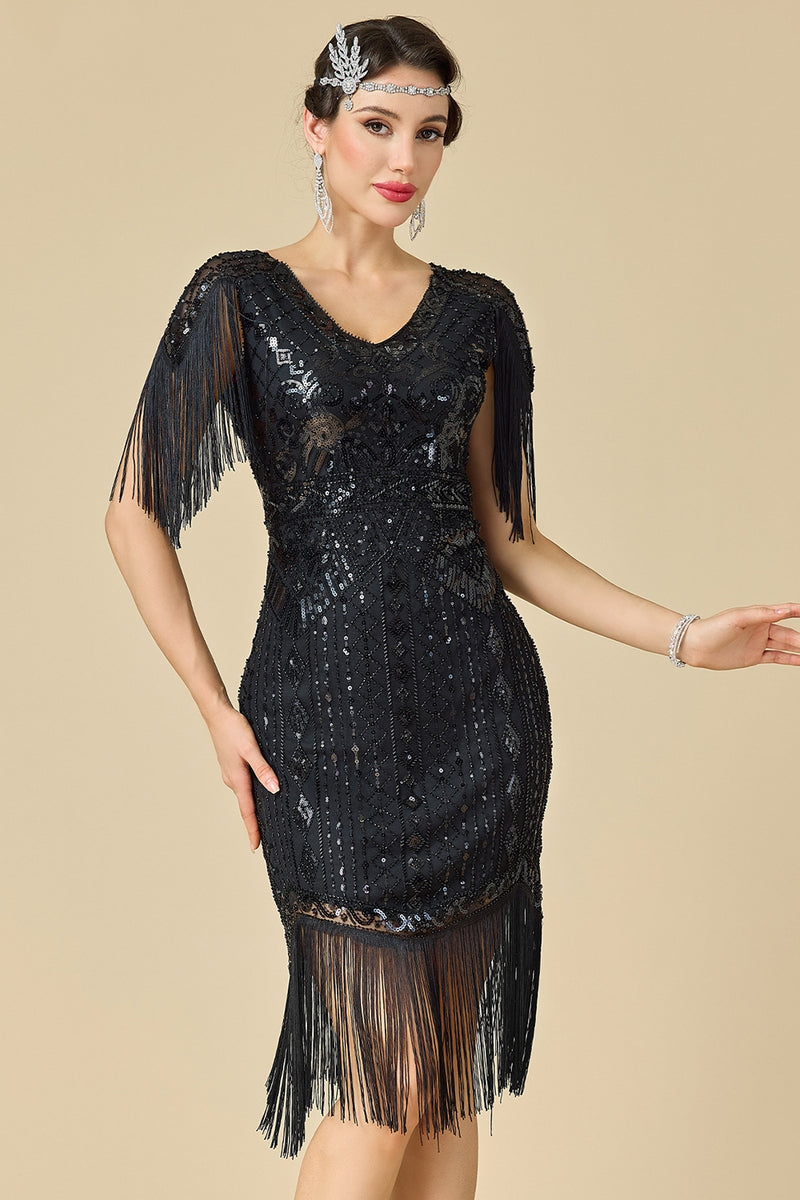Load image into Gallery viewer, Black Bodycon Fringed Sparkly Beaded Midi 1920s Dress with 20s Accessories Set