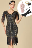 Load image into Gallery viewer, Black Sparkly Seuqins V-Neck Fringed Midi 1920s Dress with 20s Accessories Set