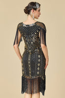 Load image into Gallery viewer, Black Sparkly Seuqins V-Neck Fringed Midi 1920s Dress with 20s Accessories Set