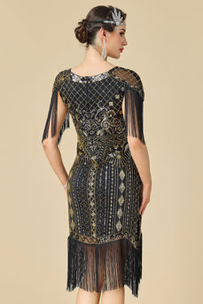 Black Sparkly Seuqins V-Neck Fringed Midi 1920s Dress with 20s Accessories Set