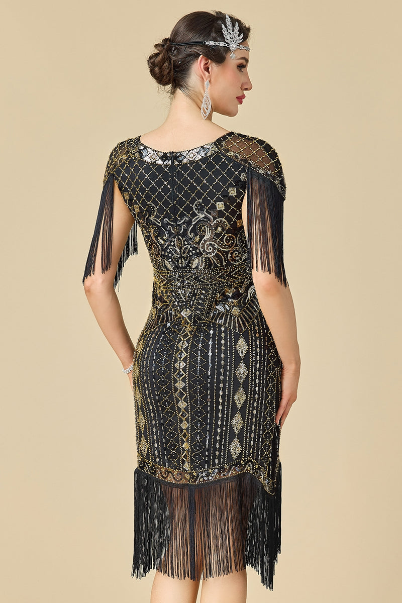 Load image into Gallery viewer, Black Sparkly Seuqins V-Neck Fringed Midi 1920s Dress with 20s Accessories Set
