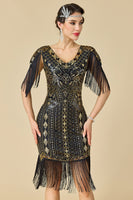 Load image into Gallery viewer, Black Sparkly Seuqins V-Neck Fringed Midi 1920s Dress with 20s Accessories Set