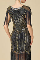 Load image into Gallery viewer, Black Sparkly Seuqins V-Neck Fringed Midi 1920s Dress with 20s Accessories Set