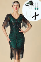 Load image into Gallery viewer, Sparkly Black Green Fringed Midi 1920s Flapper Dress with 20s Accessories Set