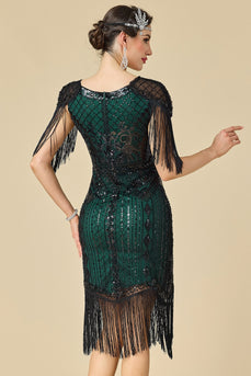 Sparkly Black Green Fringed Midi 1920s Flapper Dress with 20s Accessories Set