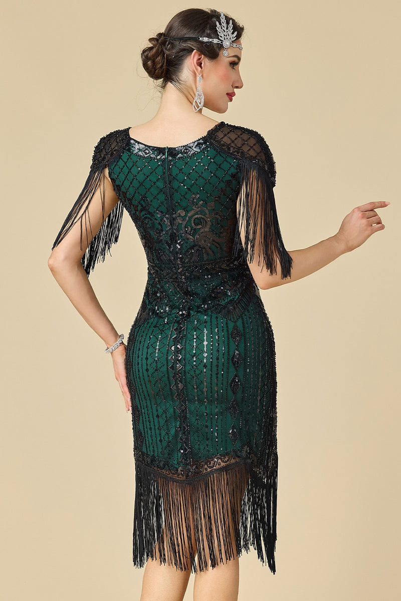 Load image into Gallery viewer, Sparkly Black Green Fringed Midi 1920s Flapper Dress with 20s Accessories Set