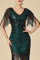 Load image into Gallery viewer, Sparkly Black Green Fringed Midi 1920s Flapper Dress with 20s Accessories Set