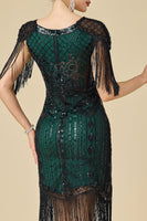 Load image into Gallery viewer, Sparkly Black Green Fringed Midi 1920s Flapper Dress with 20s Accessories Set