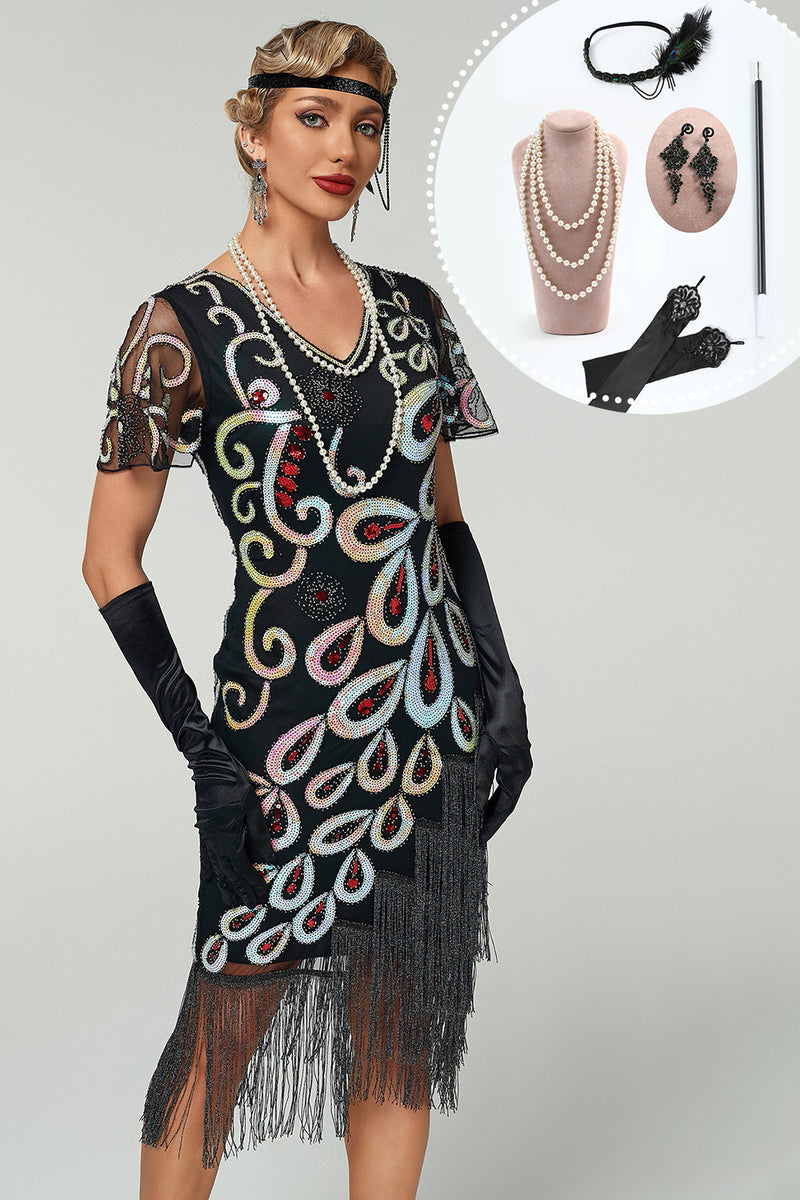 Load image into Gallery viewer, Black Sparkly Bodycon V-Neck Sequins Fringed Midi 1920s Dress with 20s Accessories Set